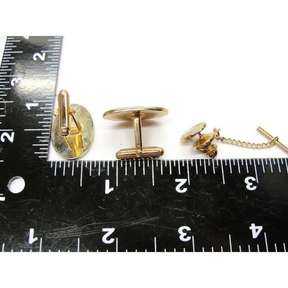 Anson Classic Oval Gold Tone Cufflinks & Tie Tack Set Tux Shirt Dress Suit Vtg - Picture 5 of 8